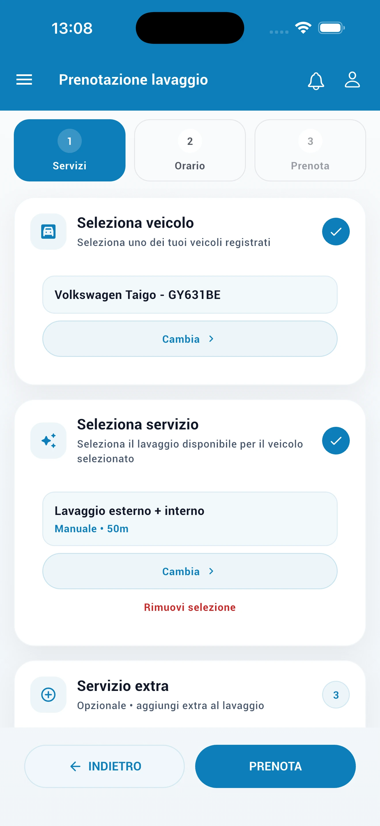 Step 1 prenotazione: selezione veicolo e servizio