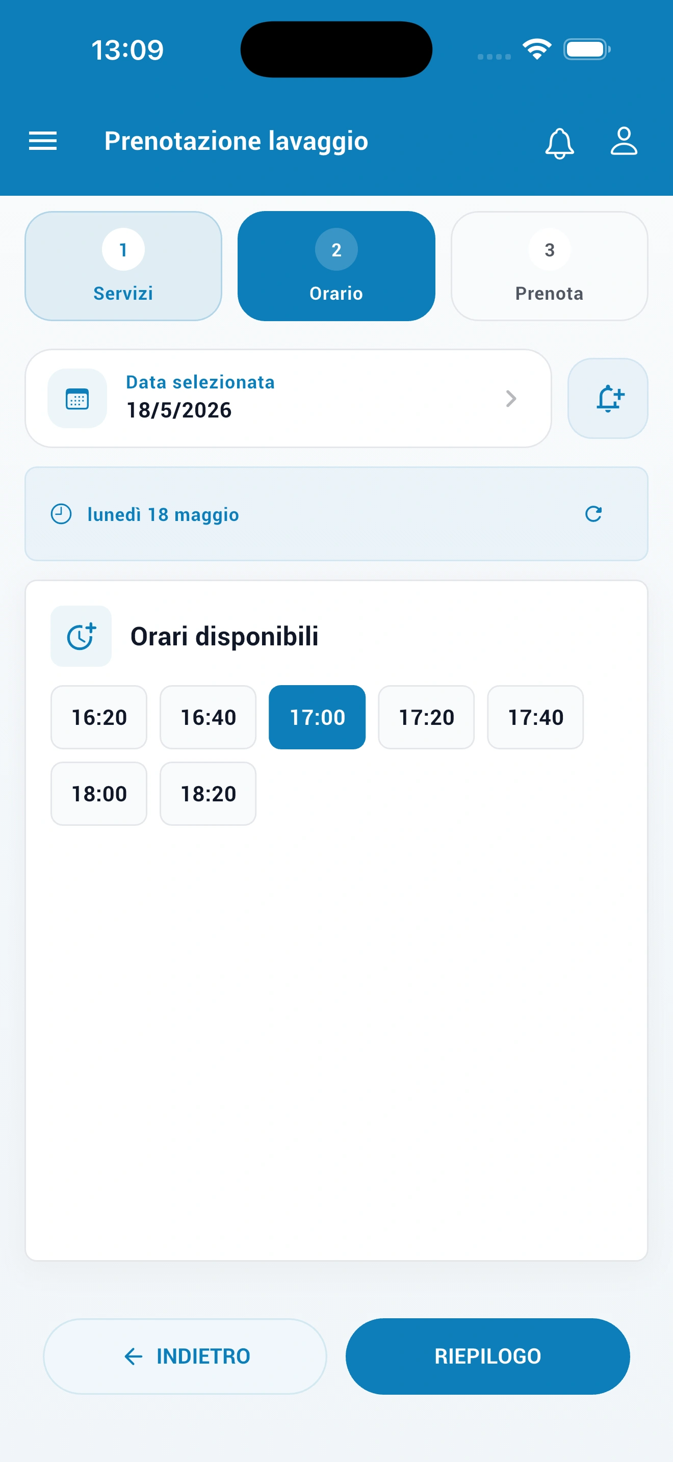 Step 2 prenotazione: scelta dell'orario disponibile