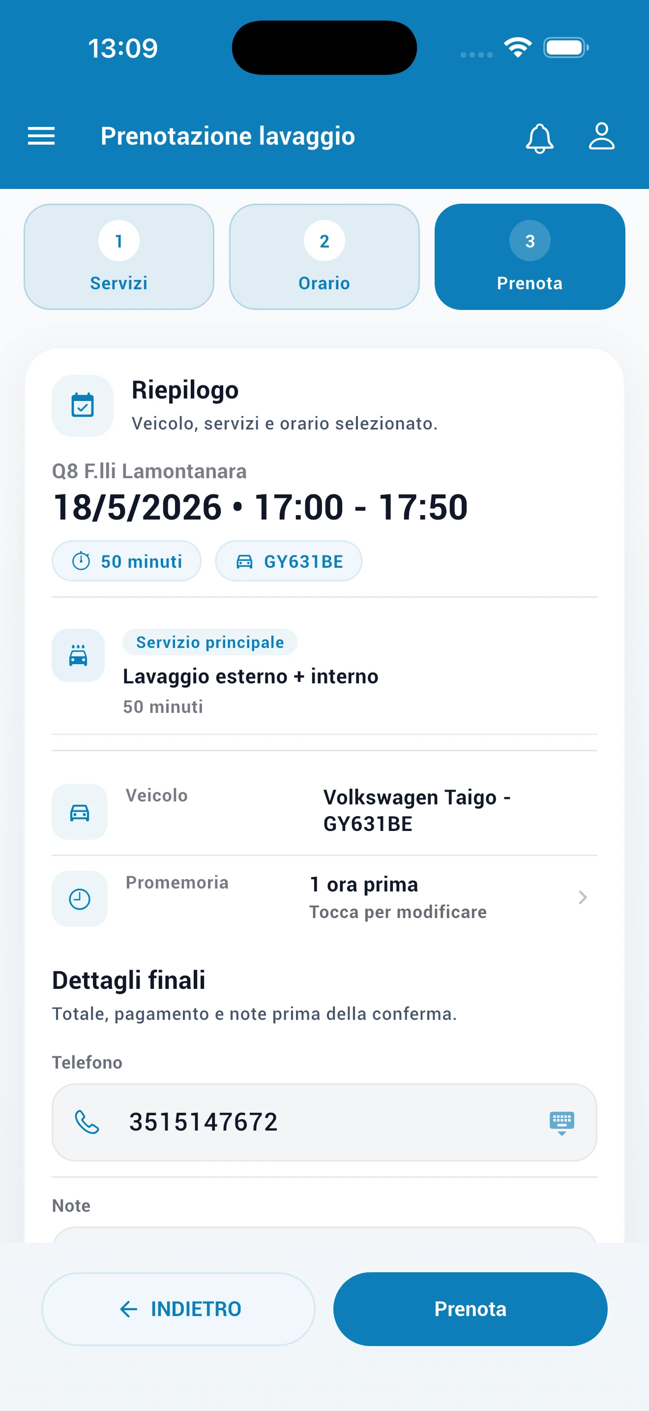 Step 3 prenotazione: riepilogo e conferma