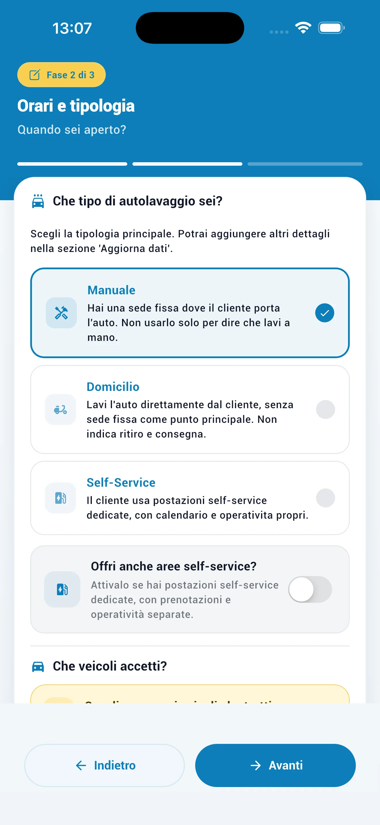 Step 2 registrazione autolavaggio: orari e veicoli