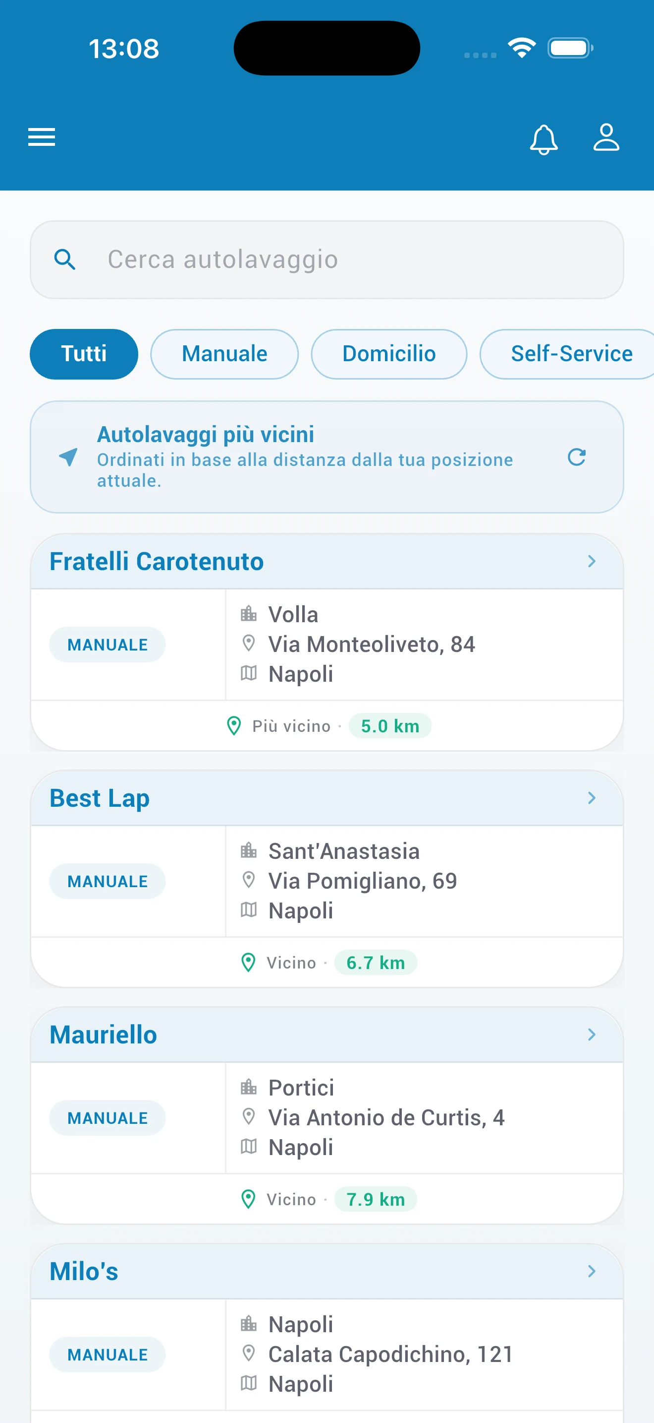 Mappa di ricerca autolavaggi nell'app Lavami